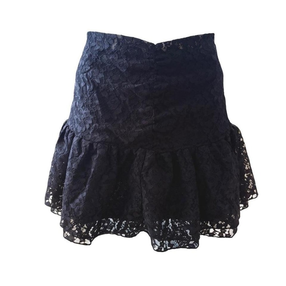 Y2K Dizzire Black Floral Lace Mini Skirt Ruched Ruffle Hem Size Medium #5